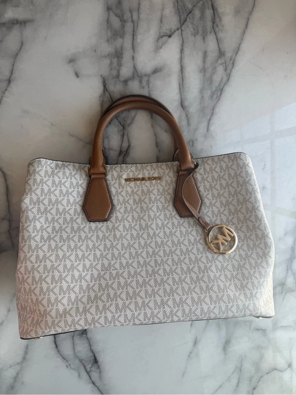 Michael Kors Beige MK Signature Satchel with Brown Trim and Gold Hardware